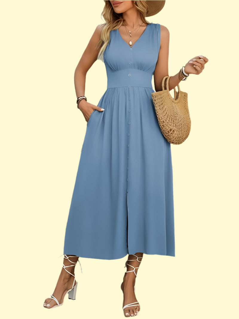 Buttoned Ruched Sleeveless Dress