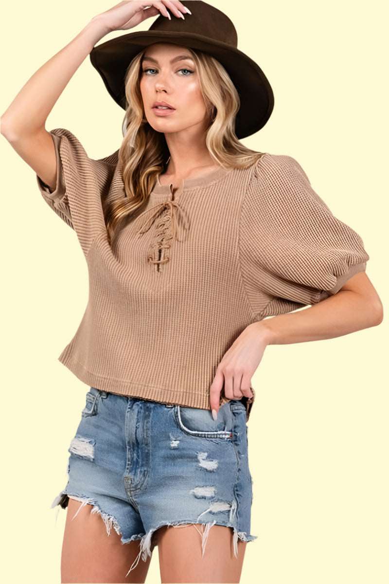 Camel color lace-up crop top for women
