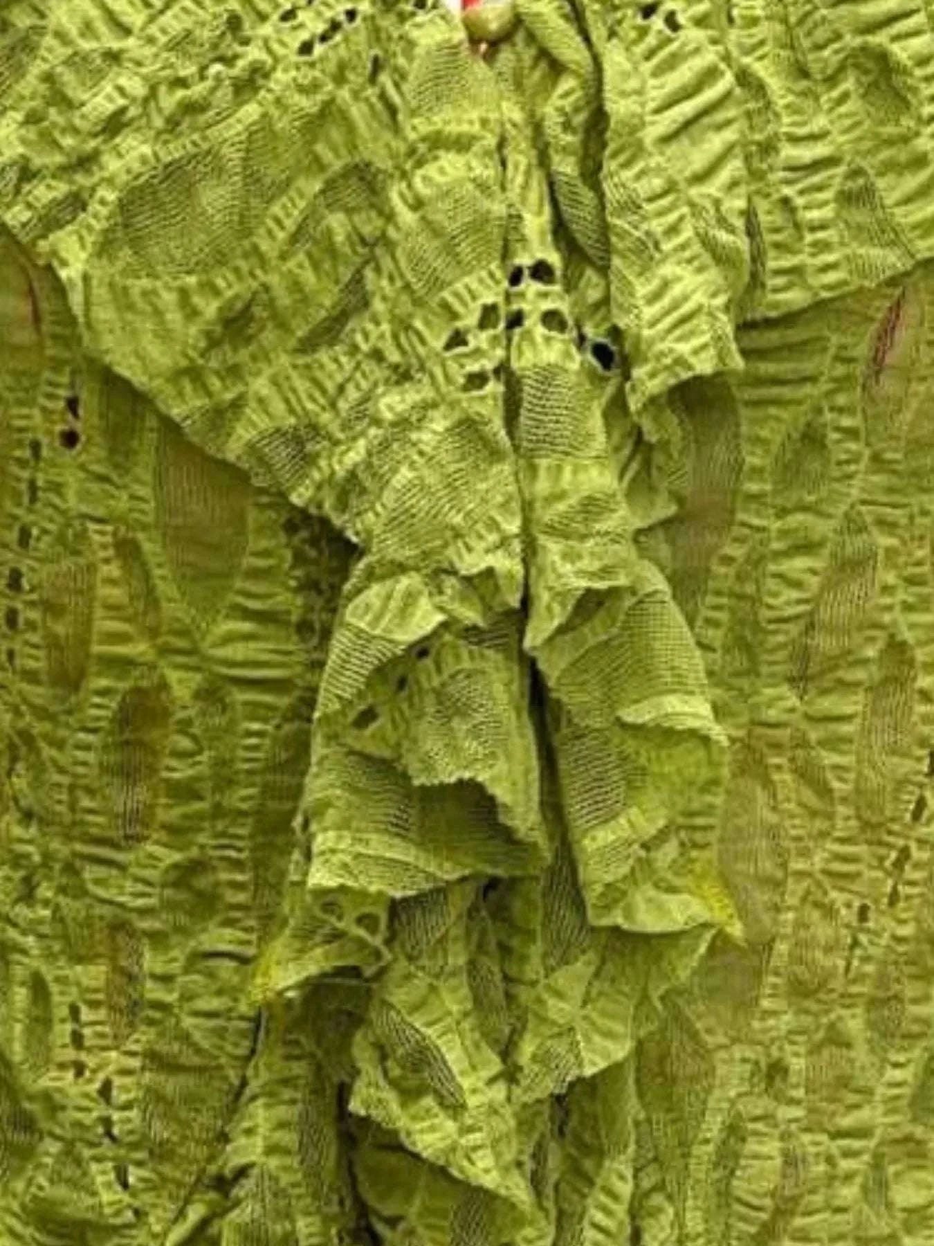 Close-up of lace detailing on women’s lime blouse