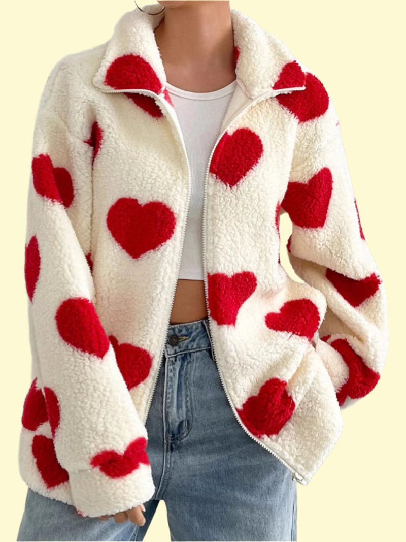 Cozy and soft fuzzy jacket with heart zipper