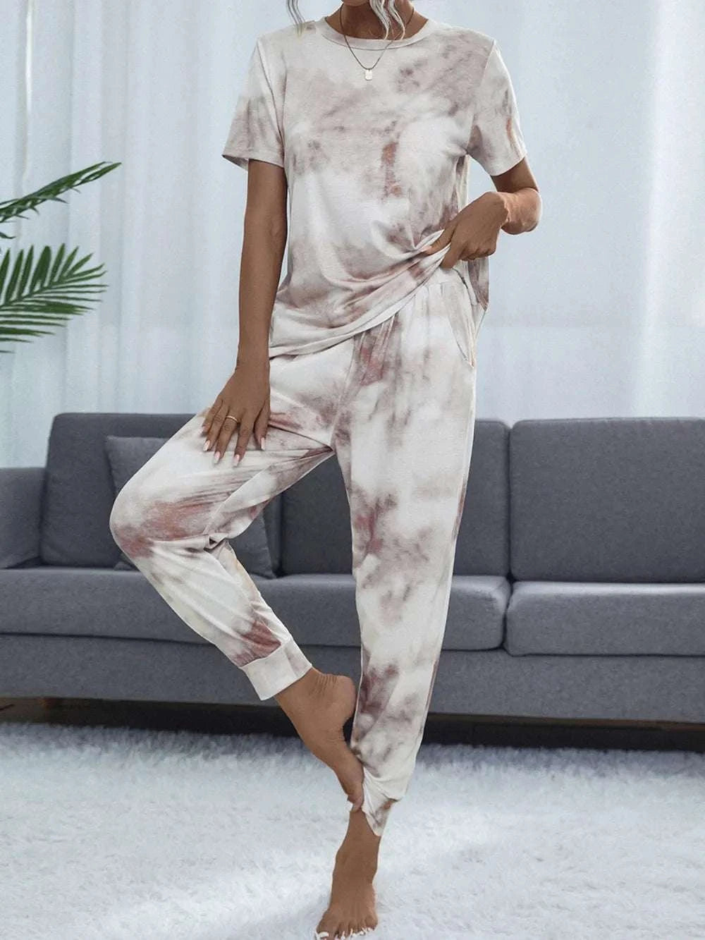 Cropped tie-dye top paired with lounge pants women