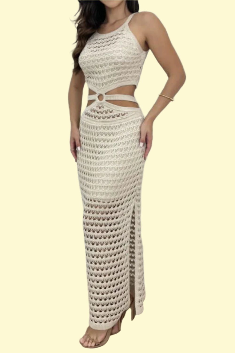 Cutout slit round neck sweater dress in beige