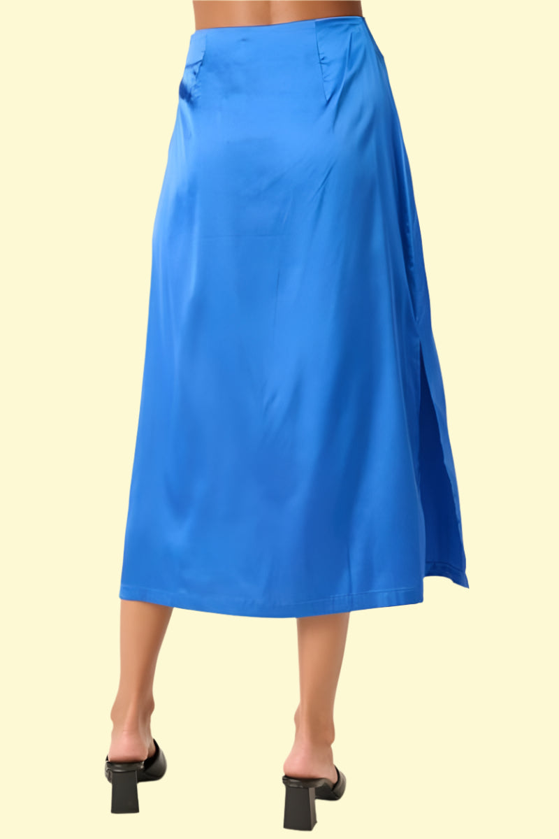 Elegant sapphire satin midi skirt for women