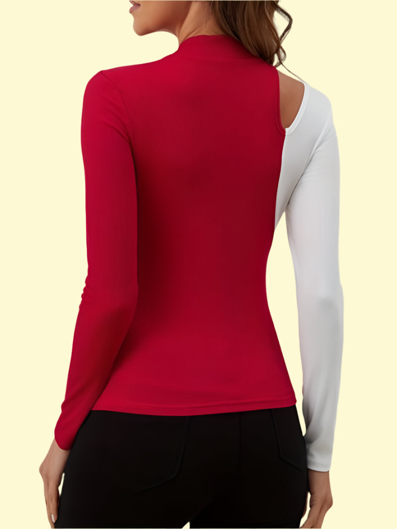 Fashion-forward red cutout mock neck tee