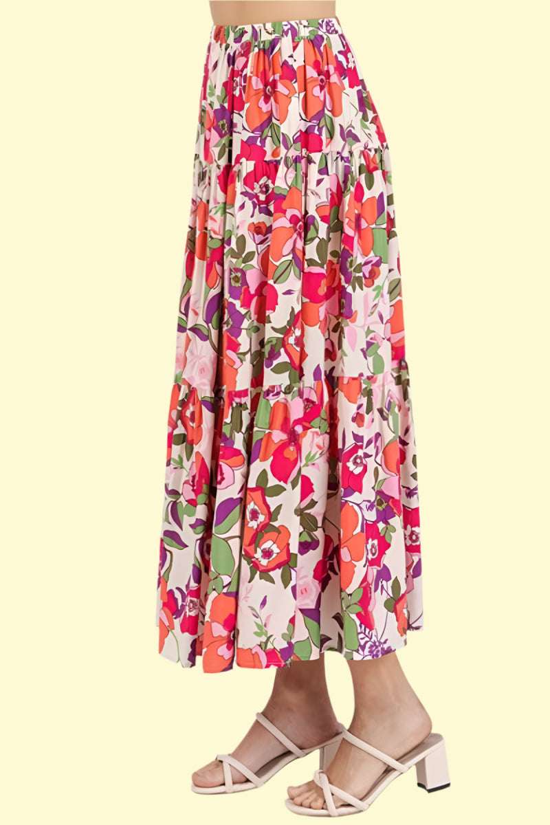 Flirty flower print elastic waist skirt