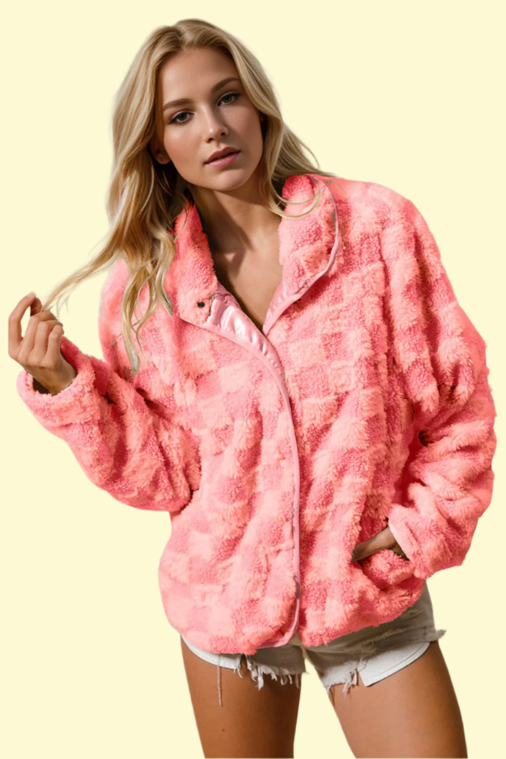 Fuzzy checkered jacket for women in strawberry color