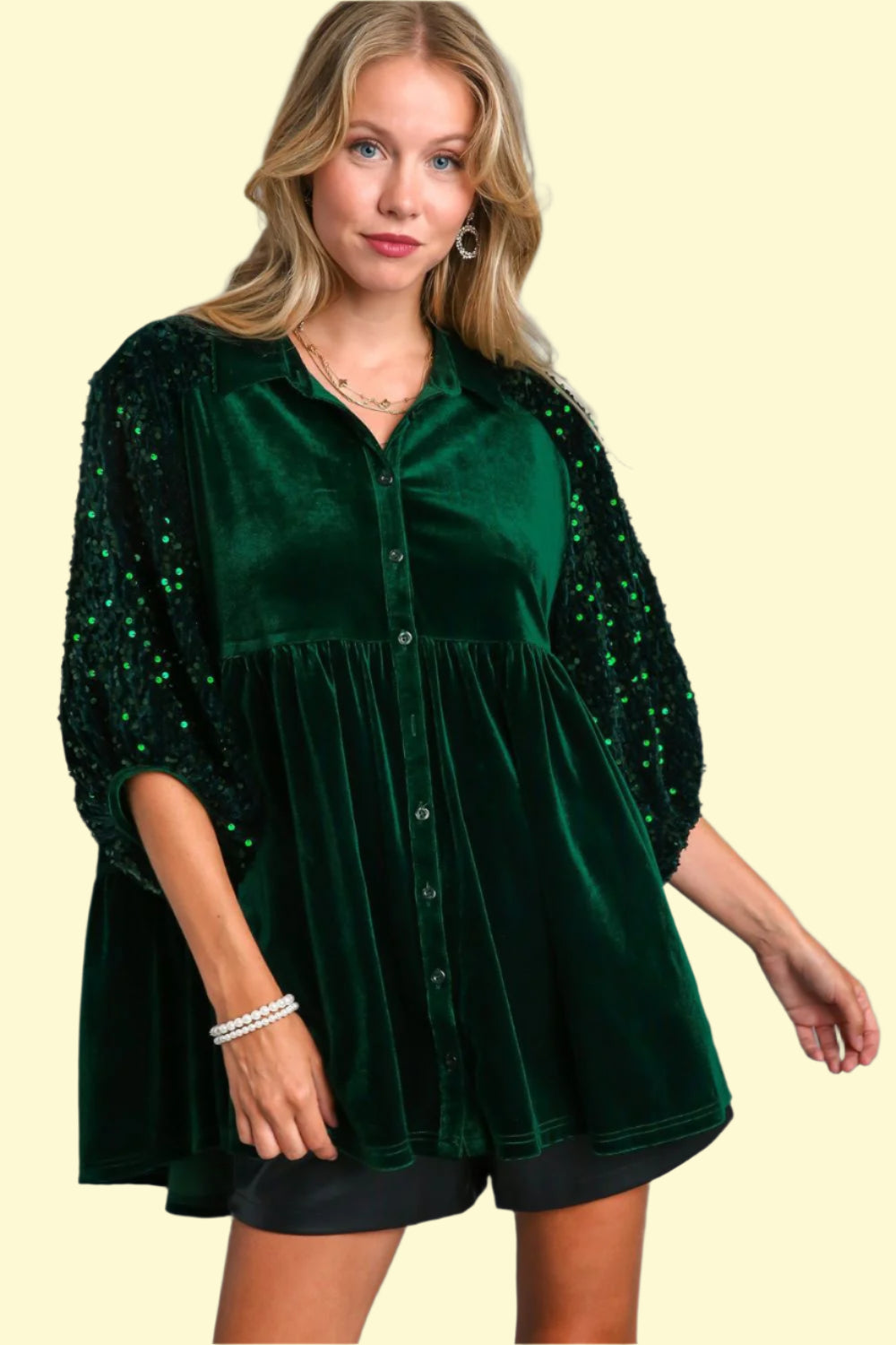 High-low sequin button-up top for nights out