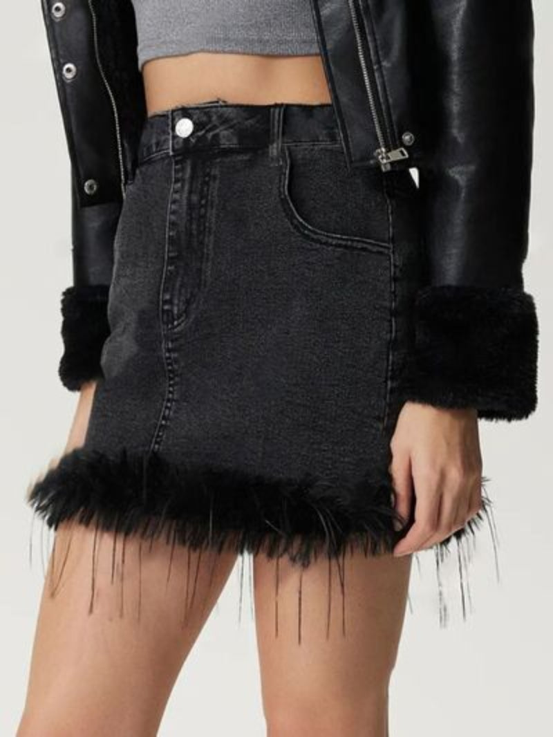 High-waist black denim skirt with plush hem