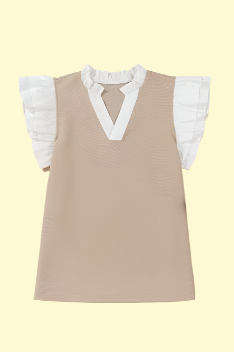 Khaki cap sleeve top with ruffles
