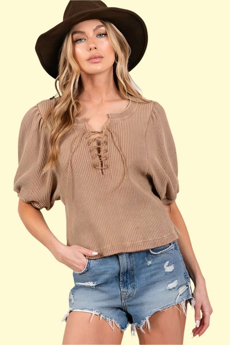 Lace-up waffle knit crop top for women