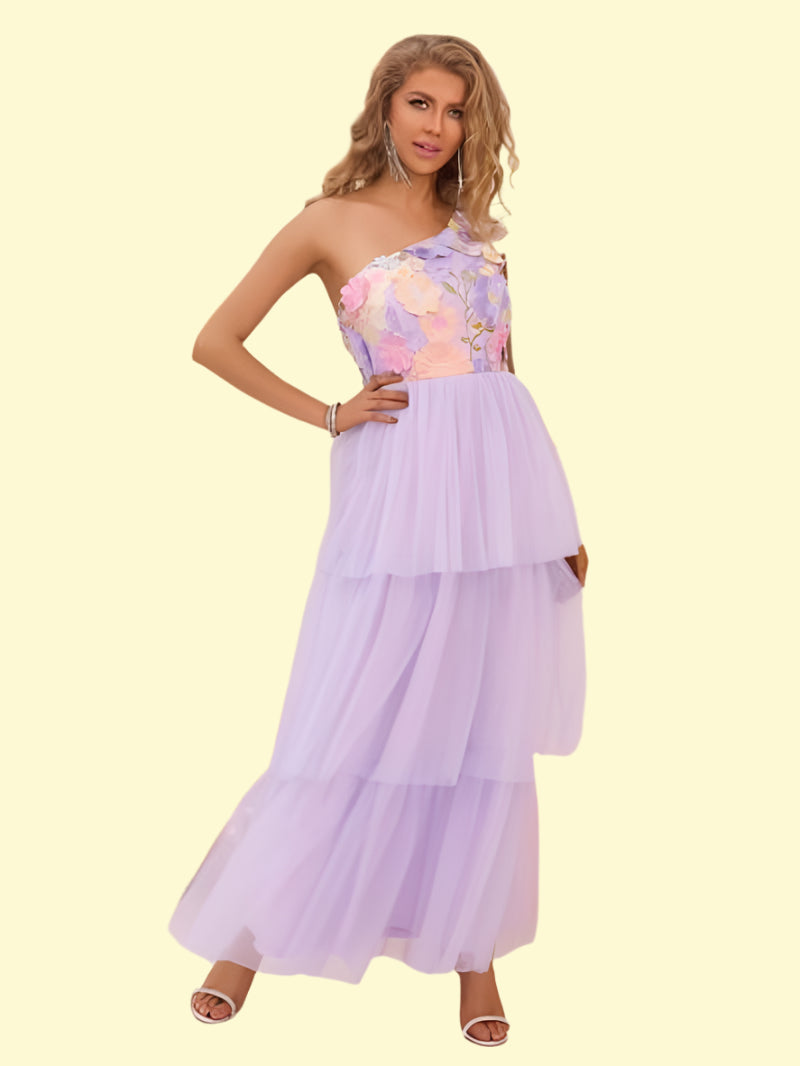 Layered embroidered dress with one shoulder design