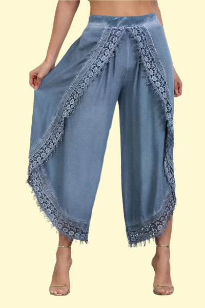 Light Blue Lace Trim Wide-Leg Pants