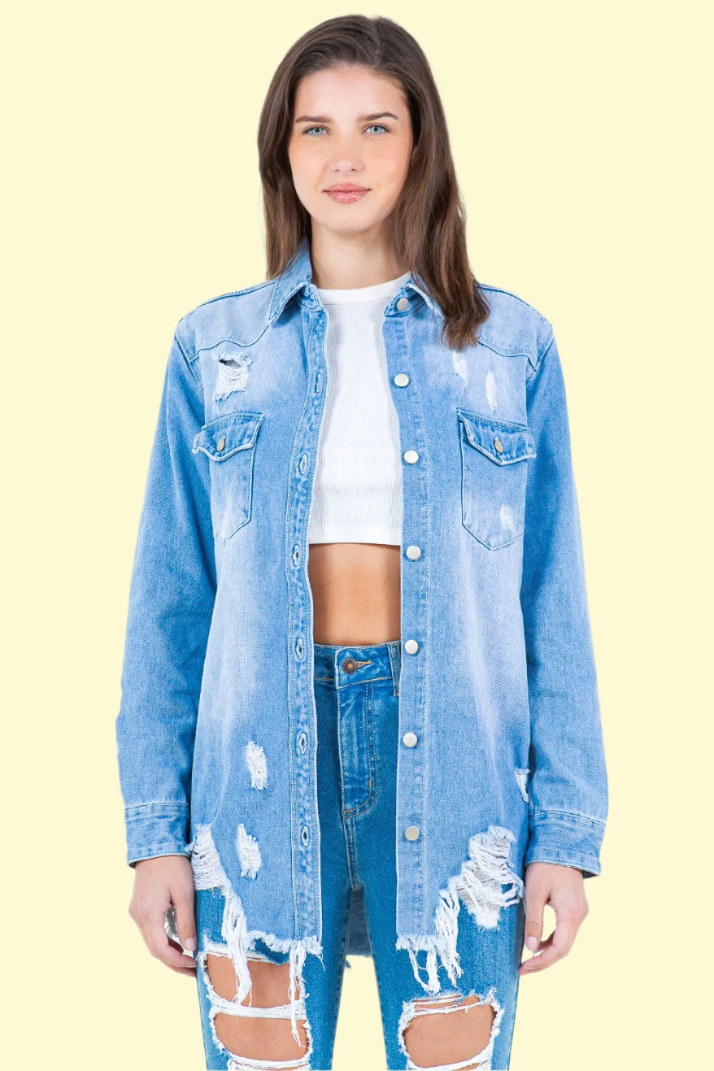 Light blue distressed denim shirt jacket for women