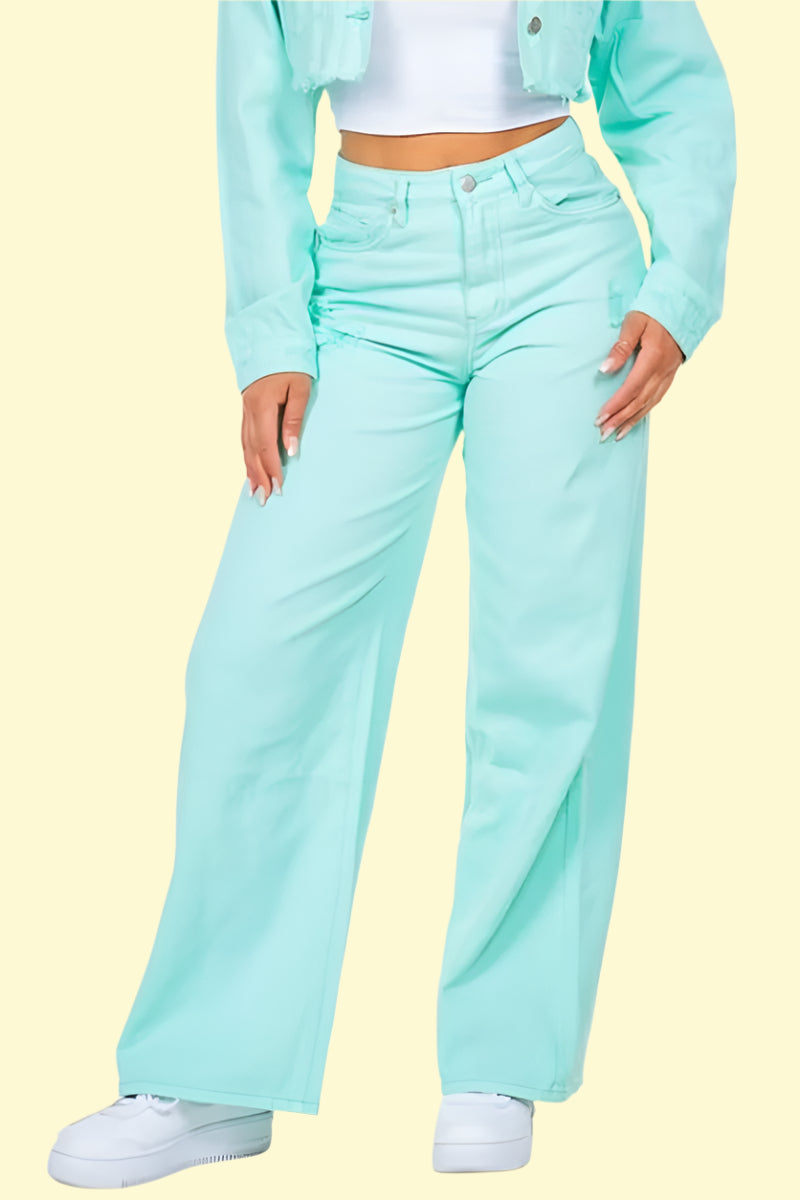 Mint blue ripped wide-leg jeans for women
