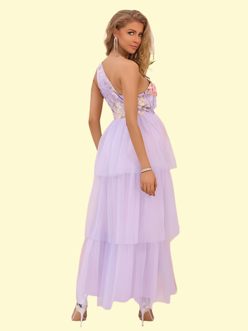 Pink purple single shoulder layered dress for women