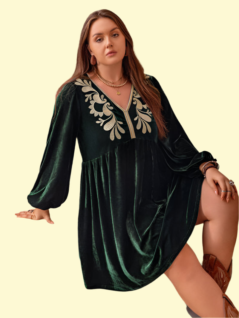 Plus Size Long Sleeve Embroidered Dress