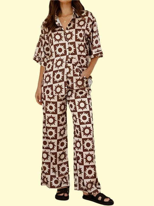 Printed collared top and high-waisted pants