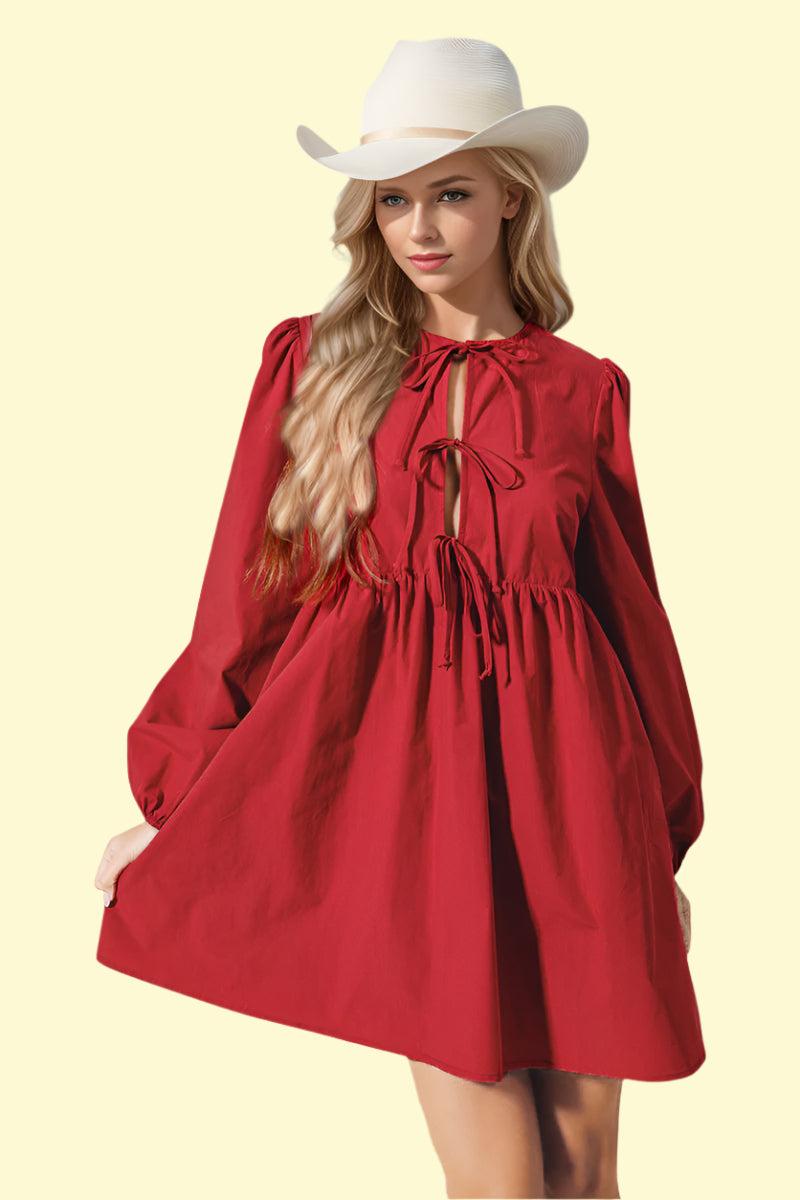 Red front-tied ruched mini dress