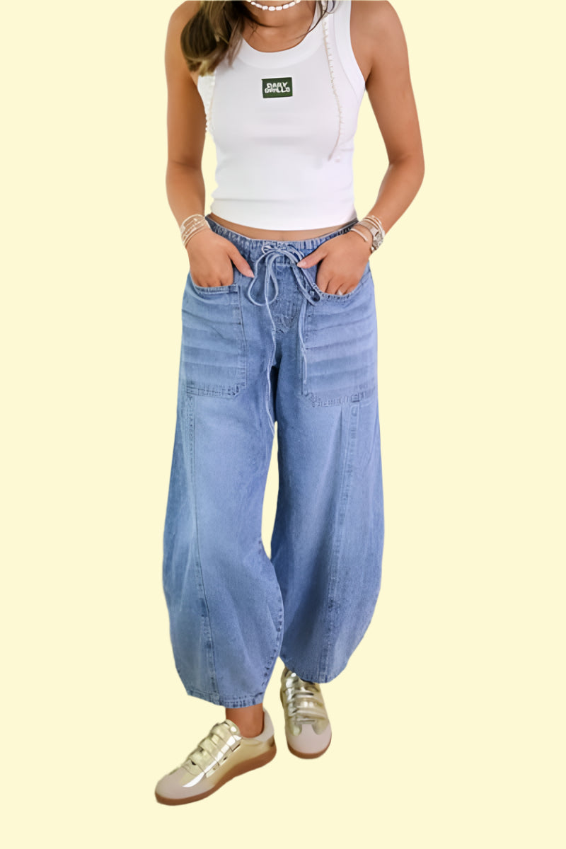 Relaxed fit light denim drawstring jeans