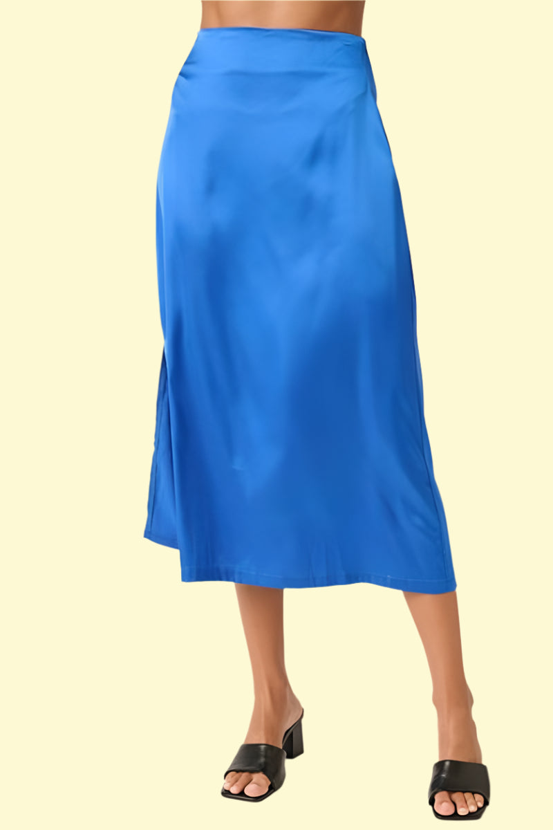Sapphire blue satin midi skirt with slit