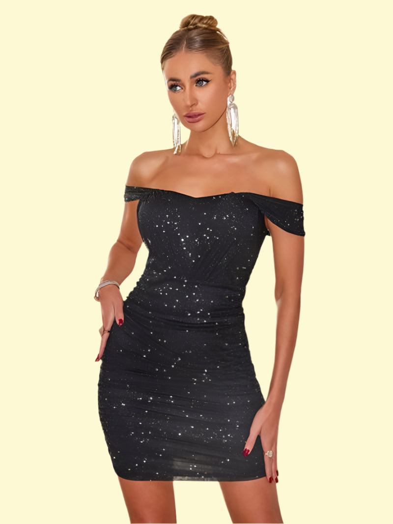 Semi-sheer off-shoulder glitter mini dress