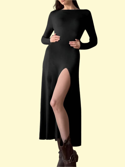 Sexy Black Slit Dress with Long Sleeves