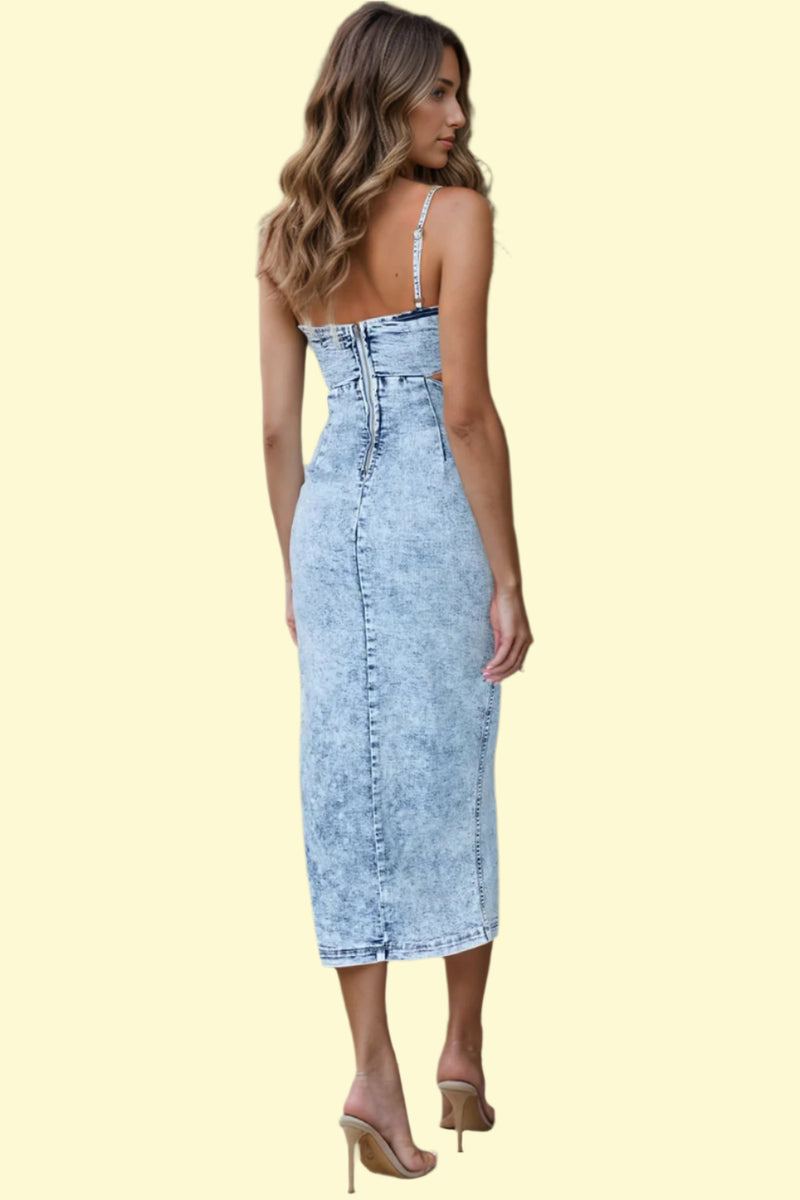 Sexy cutout slit denim dress with spaghetti straps