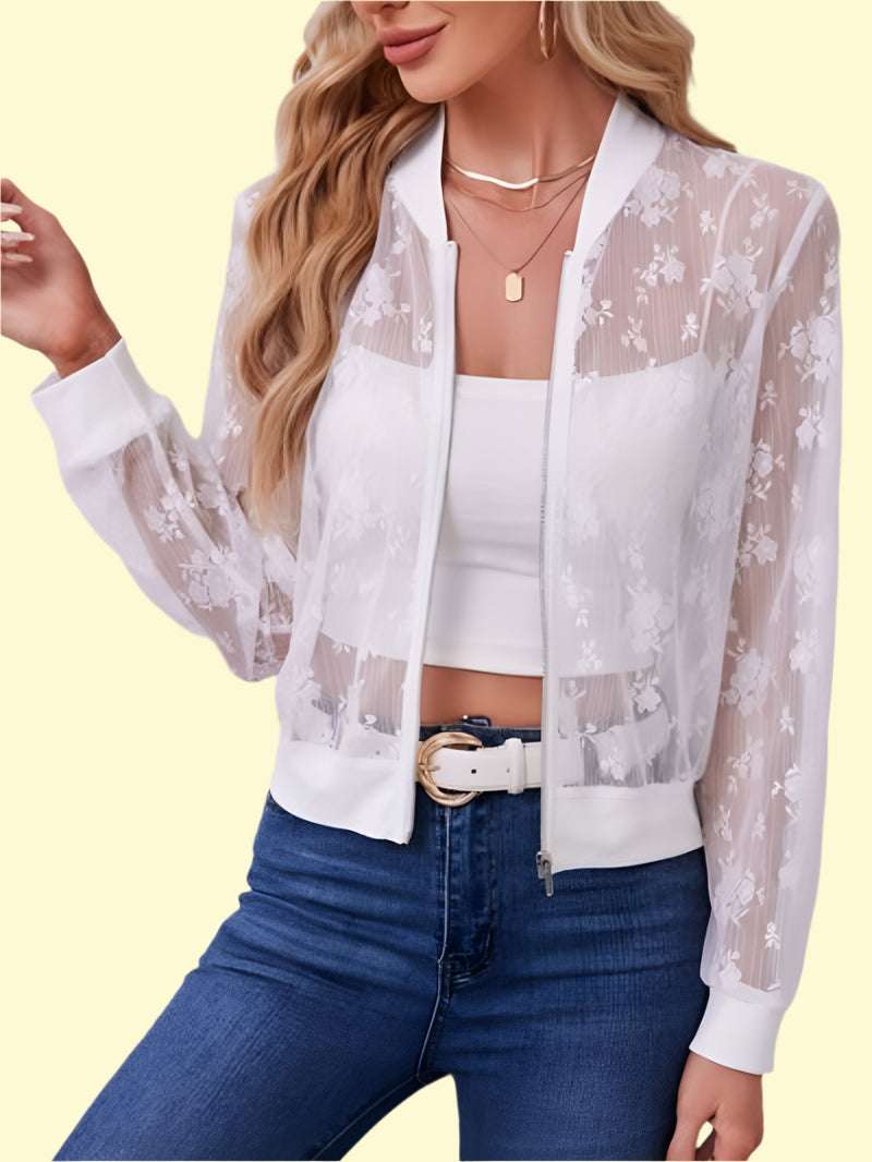 Sheer lace baseball collar jacket for women