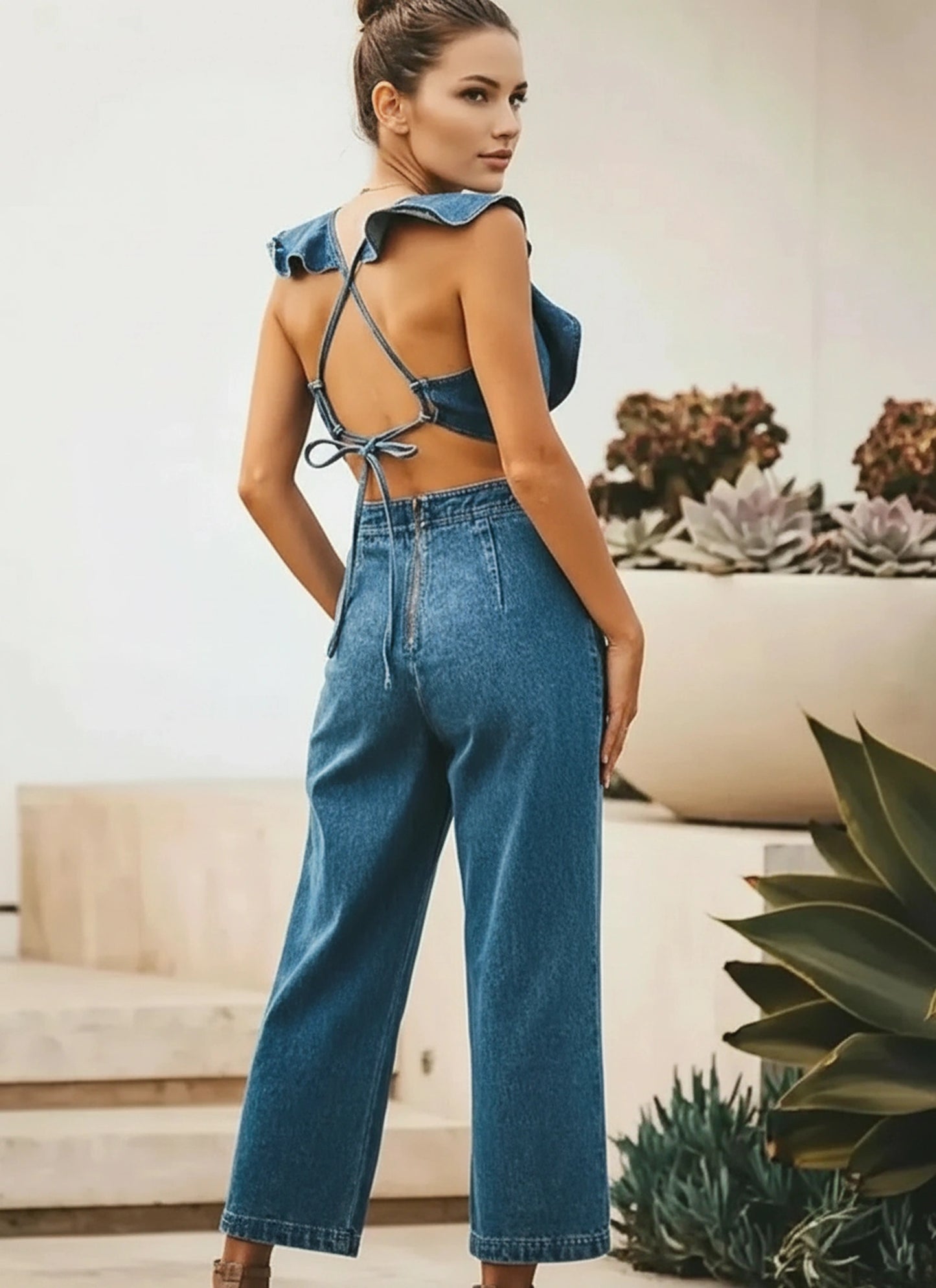 Sleeveless jumpsuit women denim street style
