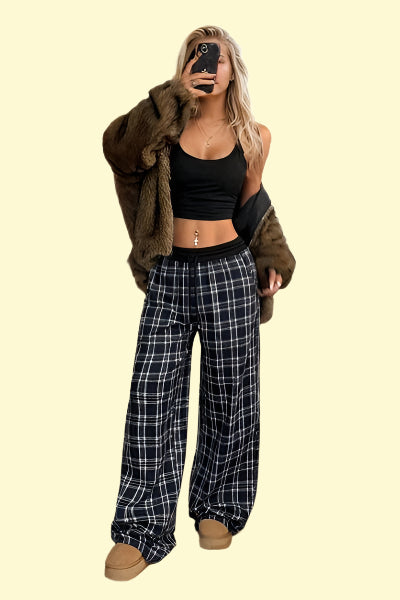 Streetwear Black Plaid Trousers