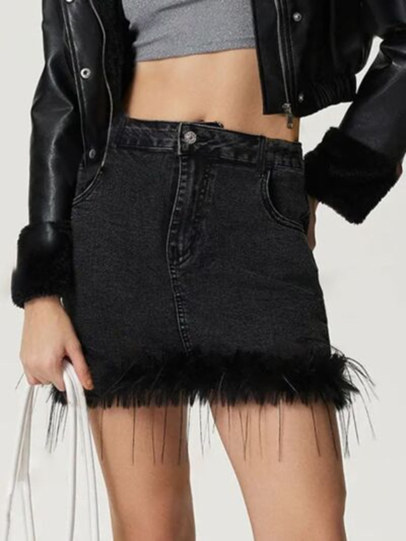 Stylish black denim skirt with plush hem