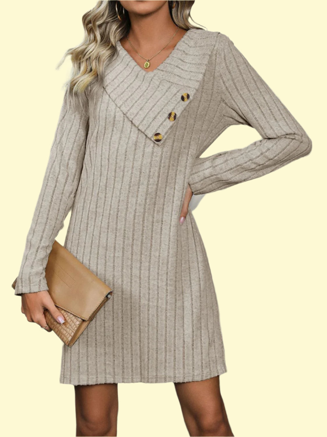 Trendy khaki knit dress with buttons