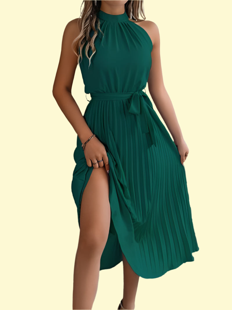 Sultry pleated evening dress in dark green