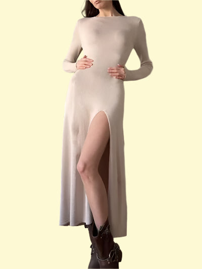 Tan Bodycon Dress with High Slit