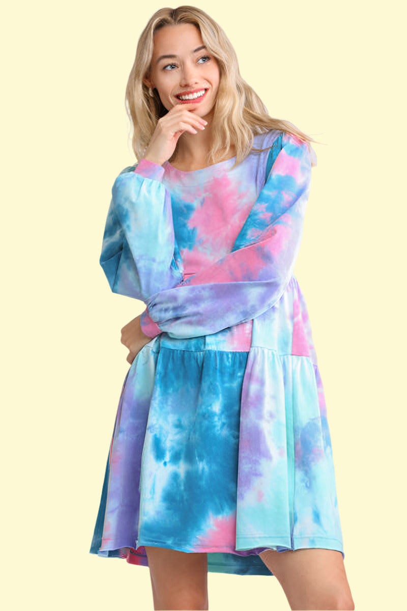 Teal pink tie-dye babydoll dress
