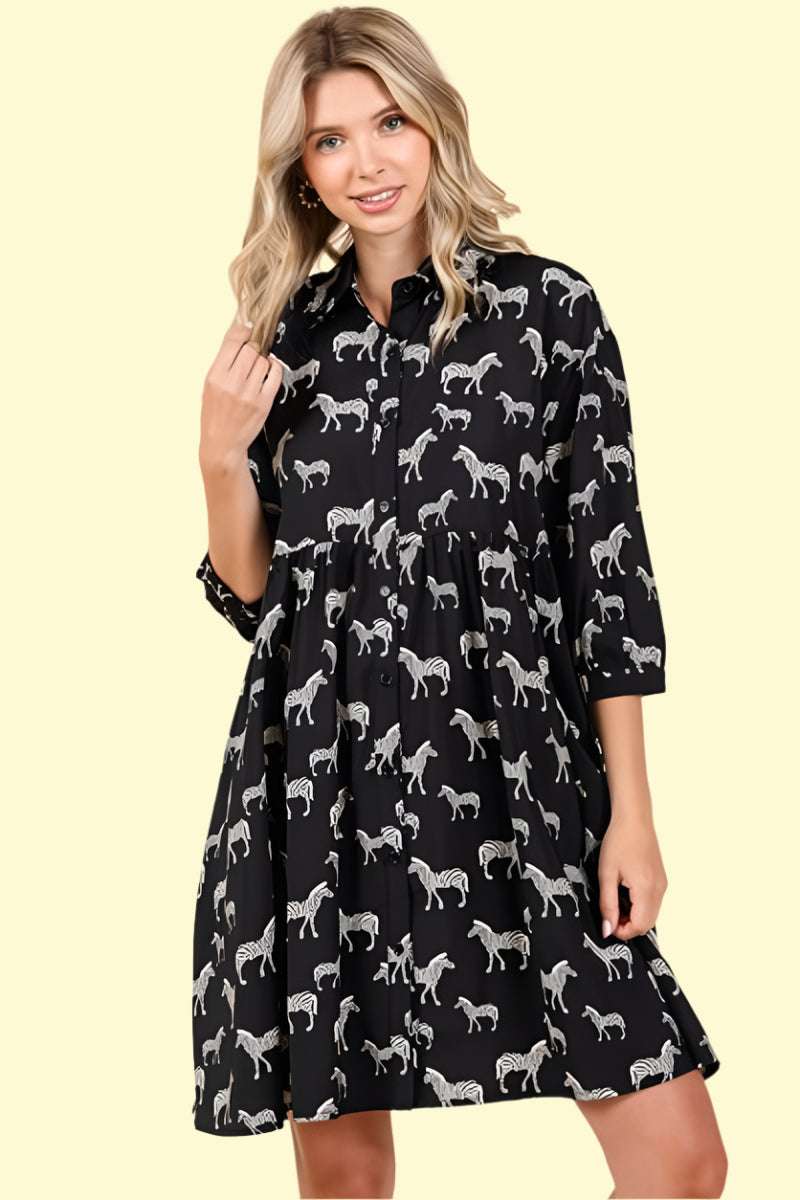 Tiered zebra print dress with button down front