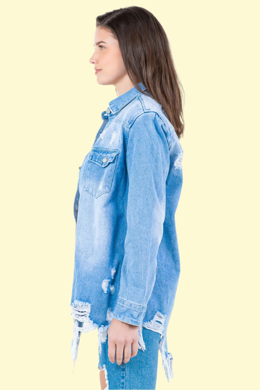 Trendy oversized distressed denim jacket