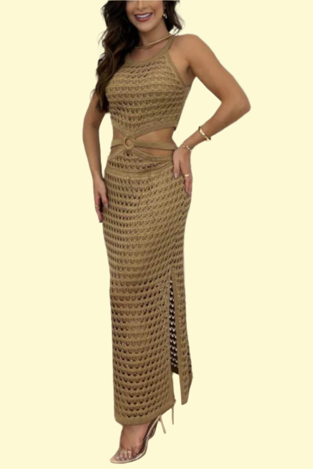 Trendy round neck sweater dress with slit and cutout