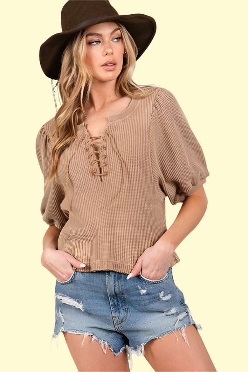 Trendy waffle knit crop top with lace-up front