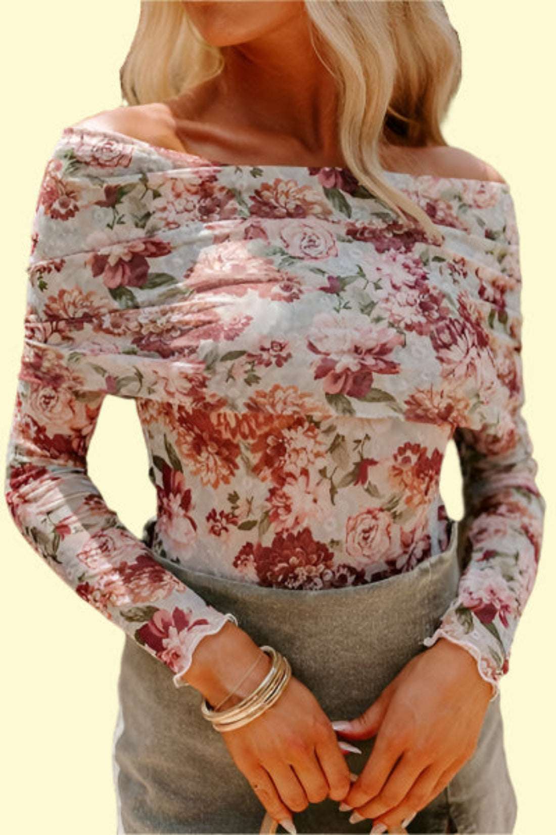 WestCloset Floral Off-Shoulder Long Sleeve Bodysuit