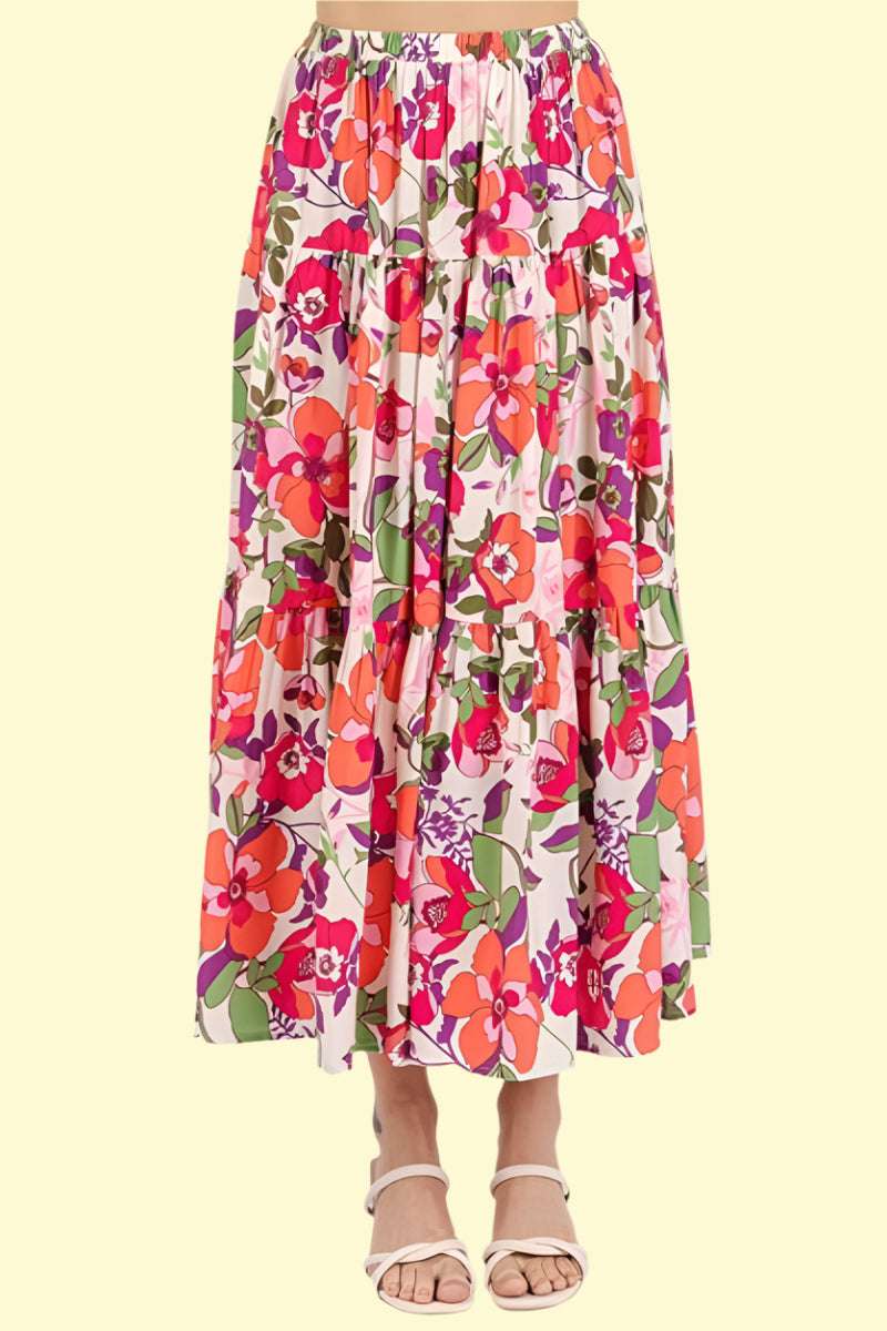 WestCloset coral floral tiered skirt