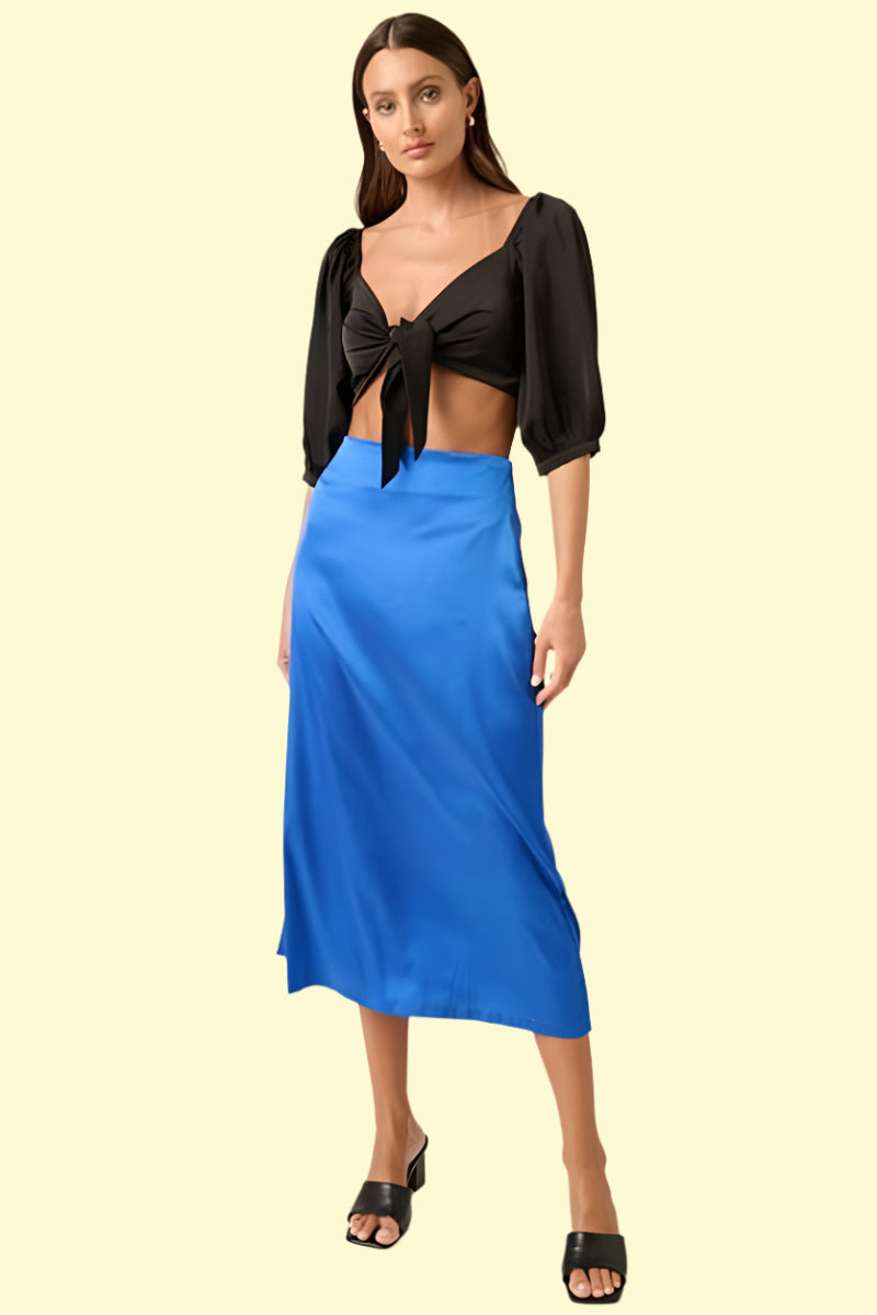 WestCloset sapphire side slit satin midi skirt