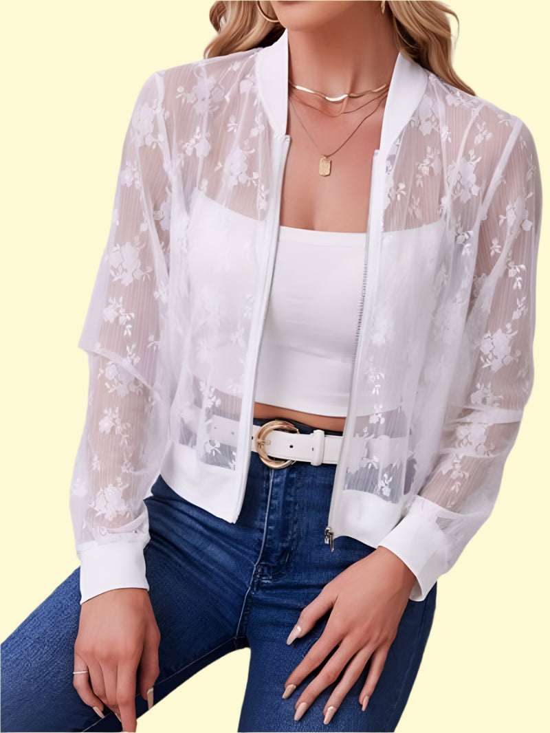 WestCloset sheer lace jacket with baseball collar