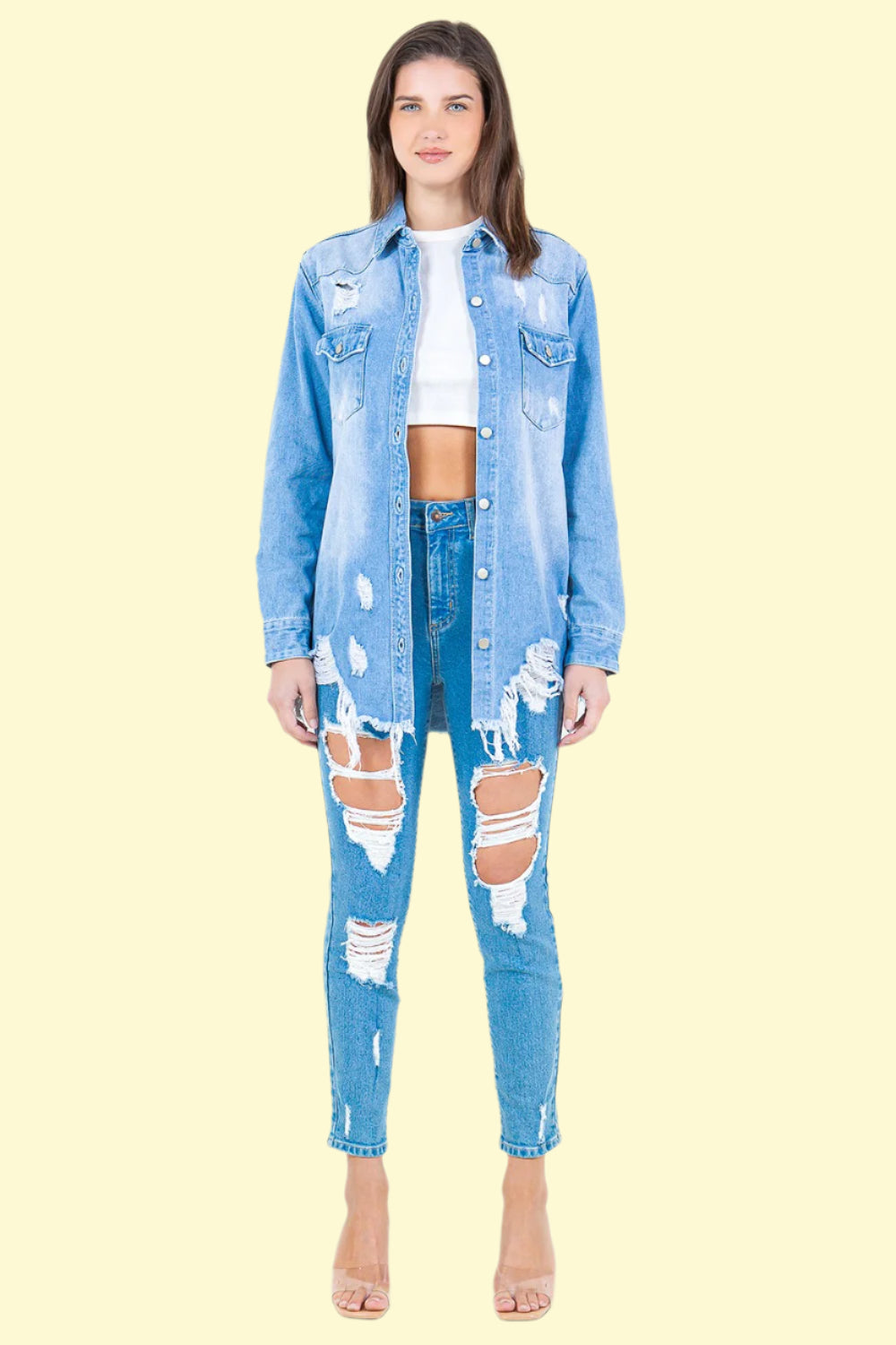 Women’s edgy raw hem denim shirt jacket