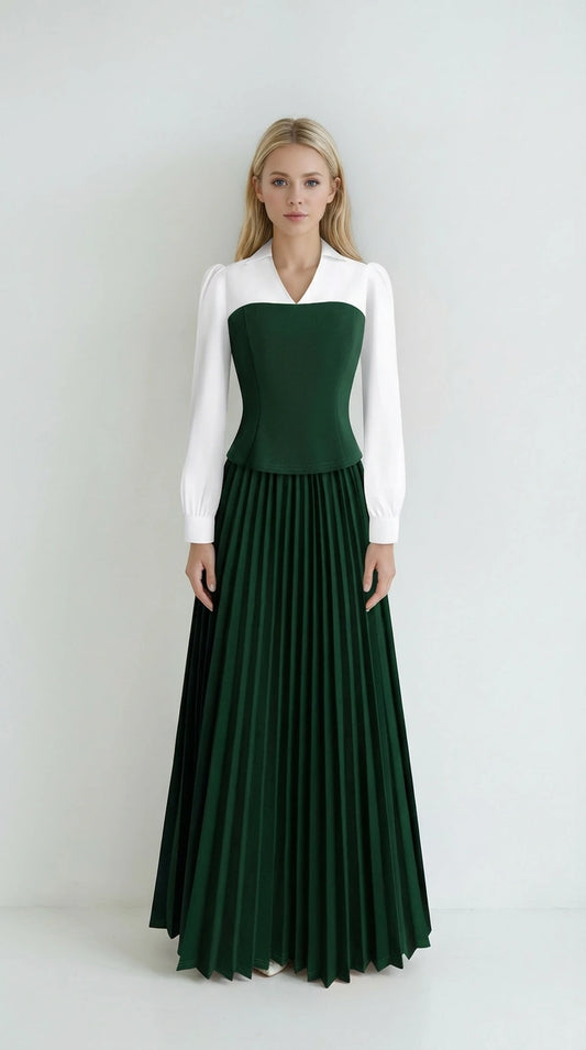 Women two piece outfit with long sleeve top and pleated skirt