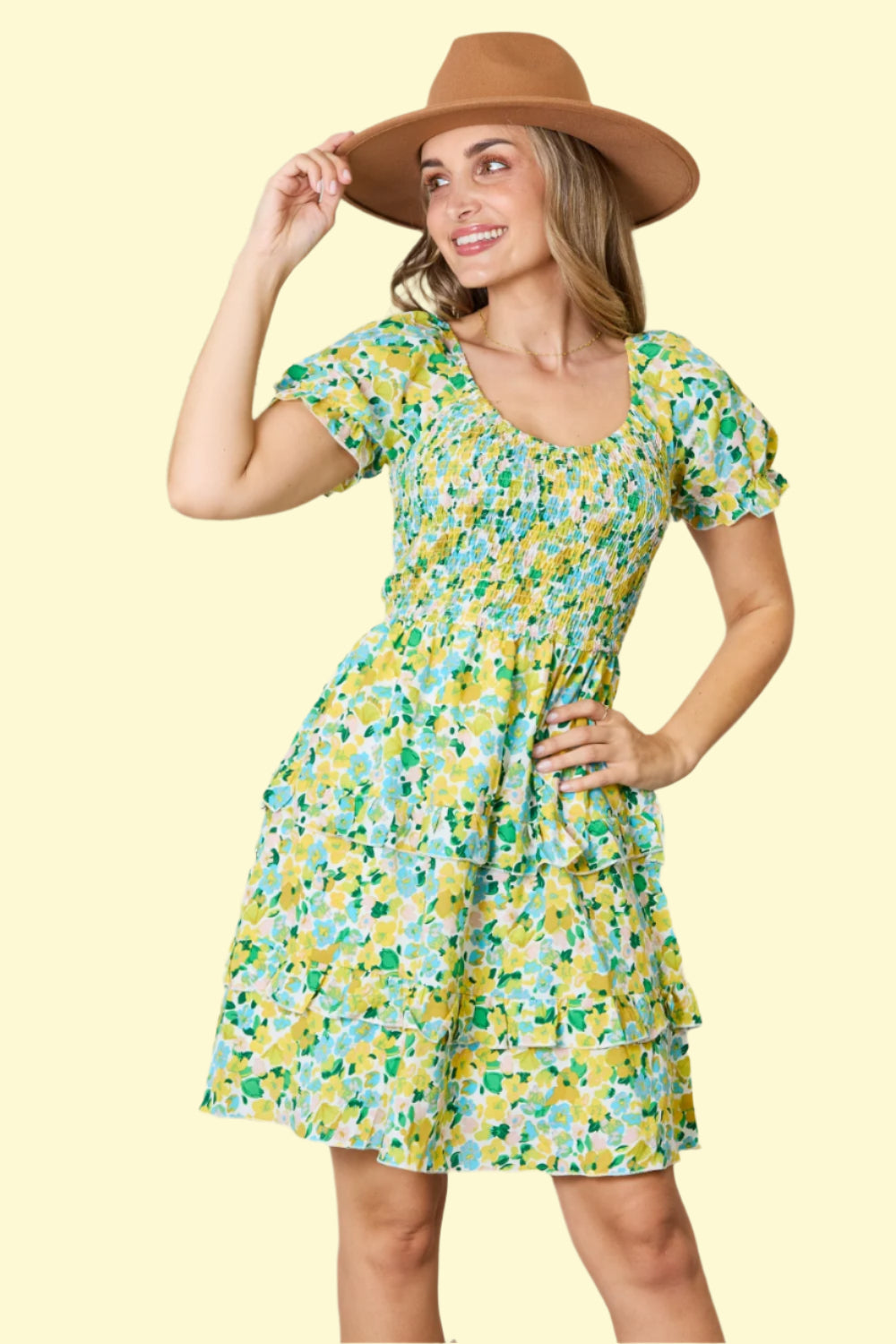 Yellow smocked scoop neck mini dress for women