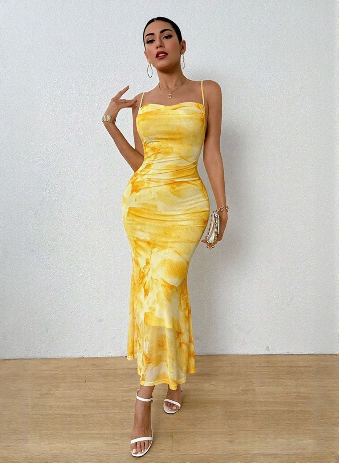 Yellow Tie-Dye Bodycon Maxi Dress for Women