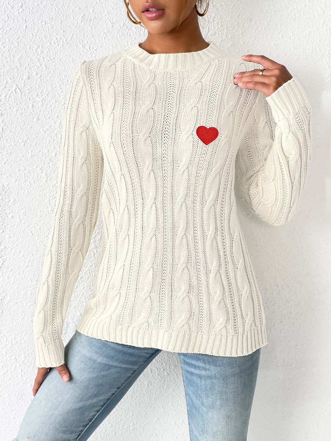 WestCloset Cable-Knit Heart Round Neck Long Sleeve Sweater