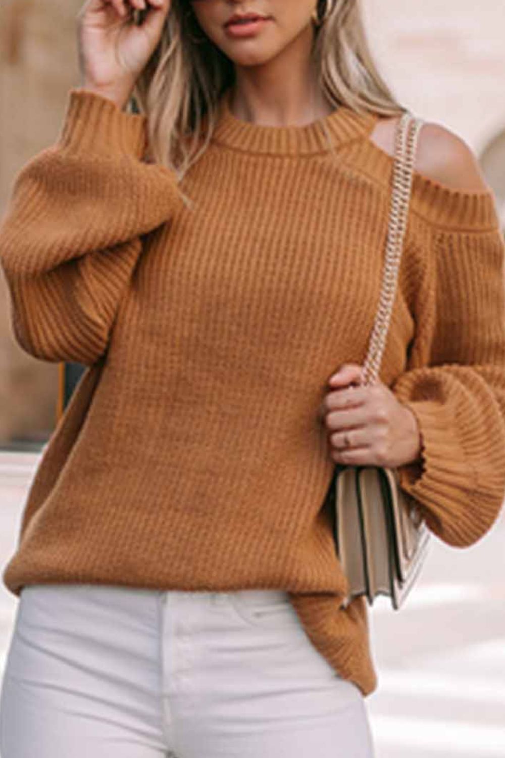 WestCloset Cutout Back Cold Shoulder Long Sleeve Sweater