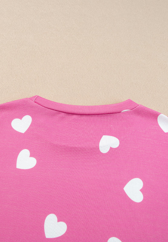 WestCloset Heart Round Neck Long Sleeve Top and Elastic Waist Shorts Set